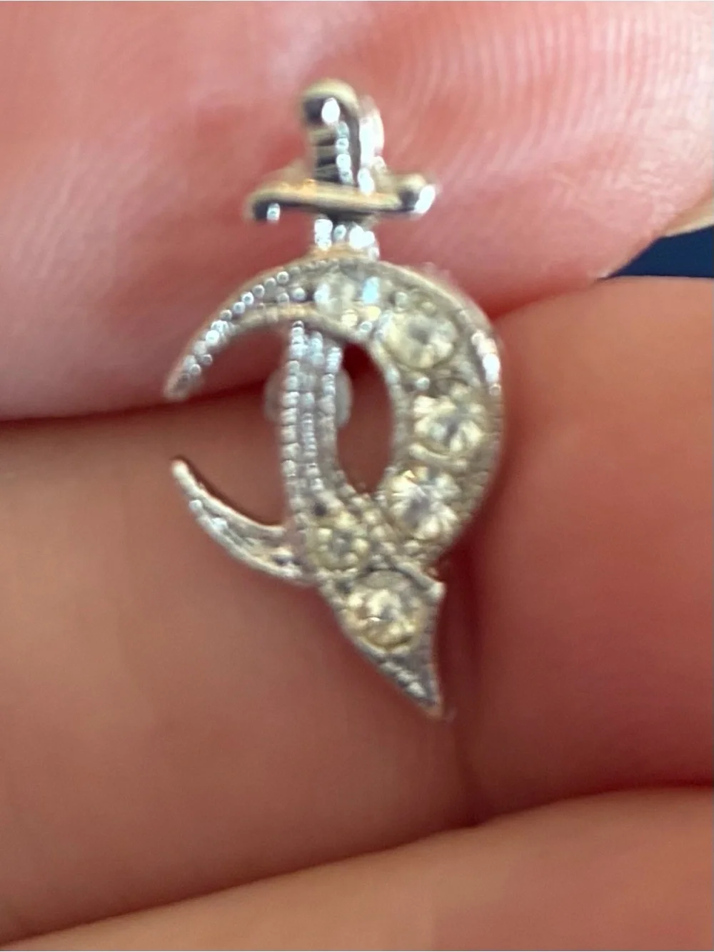 Source Unknown Silver-Tone Crescent Dagger Pendant with Clear Stones